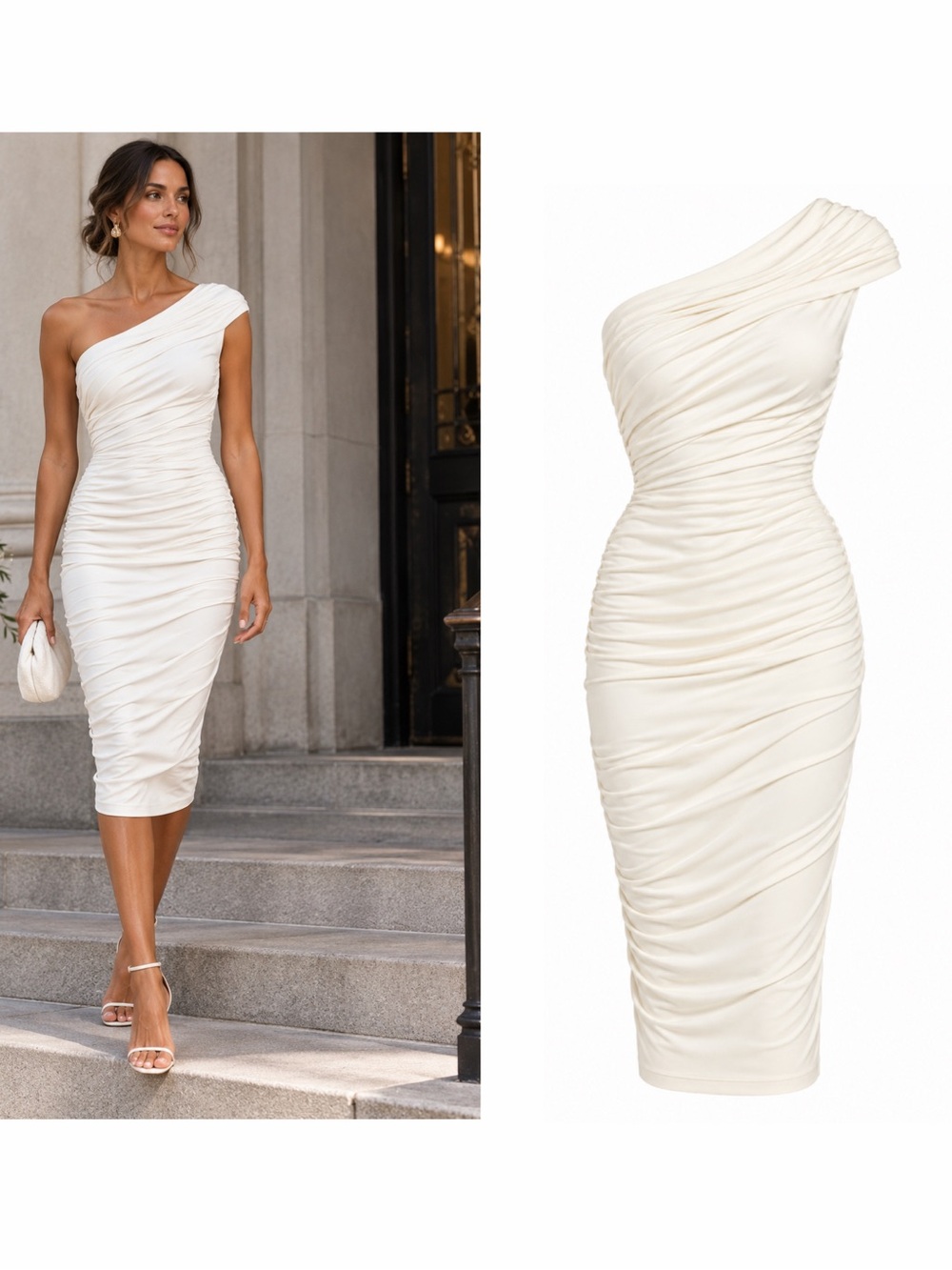 Victor Glemaud Cream White Midi Dress One Shoulder Ruched M Bridal NWT 🟡